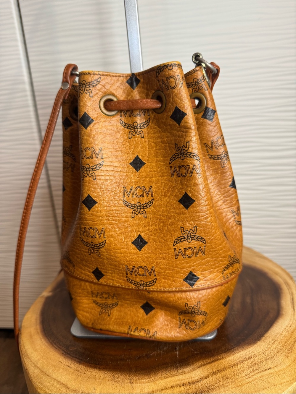 MCM Cognac Visetos Monogram Drawstring Bucket Bag - Picture 2 of 15